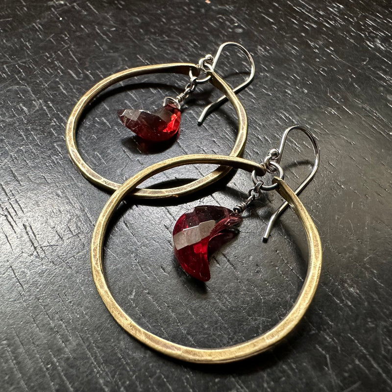 SMALL BRASS HOOPS with FACETED GARNET CRESCENT MOONS  (JANUARY BIRTHSTONE)!