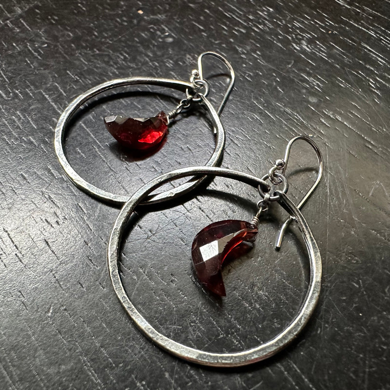 SMALL SILVER HOOPS with FACETED GARNET CRESCENT MOONS  (JANUARY BIRTHSTONE)!