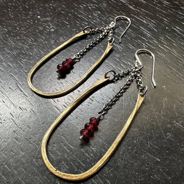 SMALL HESTIA EARRINGS: BRASS with TINY Faceted GARNETS (JANUARY BIRTHSTONE)