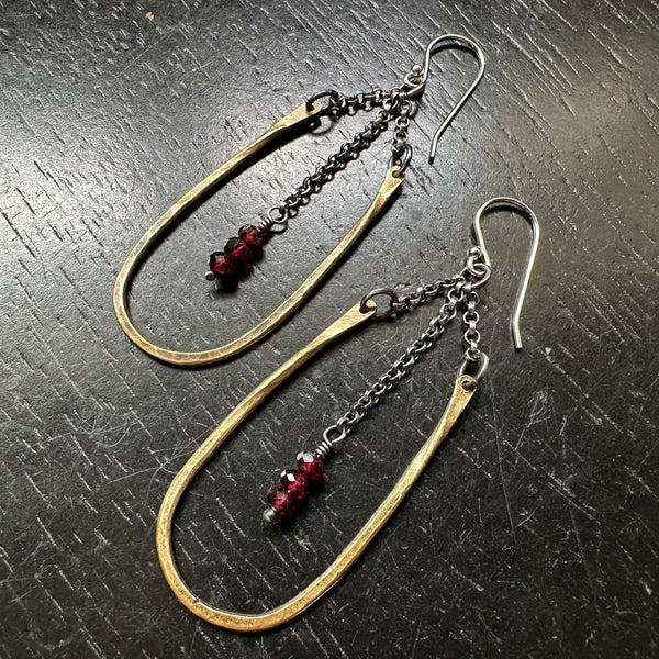 SMALL HESTIA EARRINGS: BRASS with TINY Faceted GARNETS (JANUARY BIRTHSTONE)