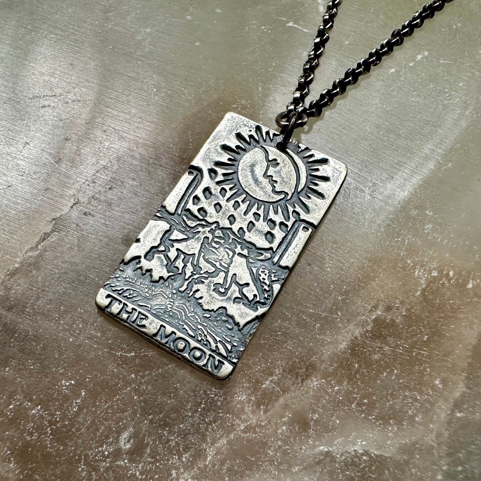 Silver Metal Tarot Card Pendant Necklace - Occult Mystical Jewelry