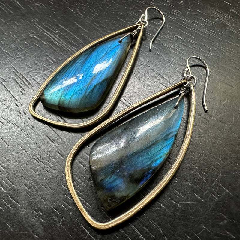 #2 SUPER BLUE Bookmatched Labradorites in Medium Brass Contoured "Wings"! OOAK#2