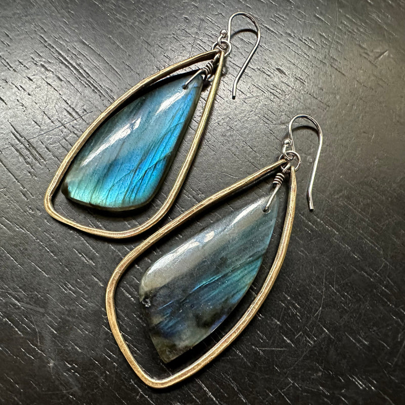 #2 SUPER BLUE Bookmatched Labradorites in Medium Brass Contoured "Wings"! OOAK#2