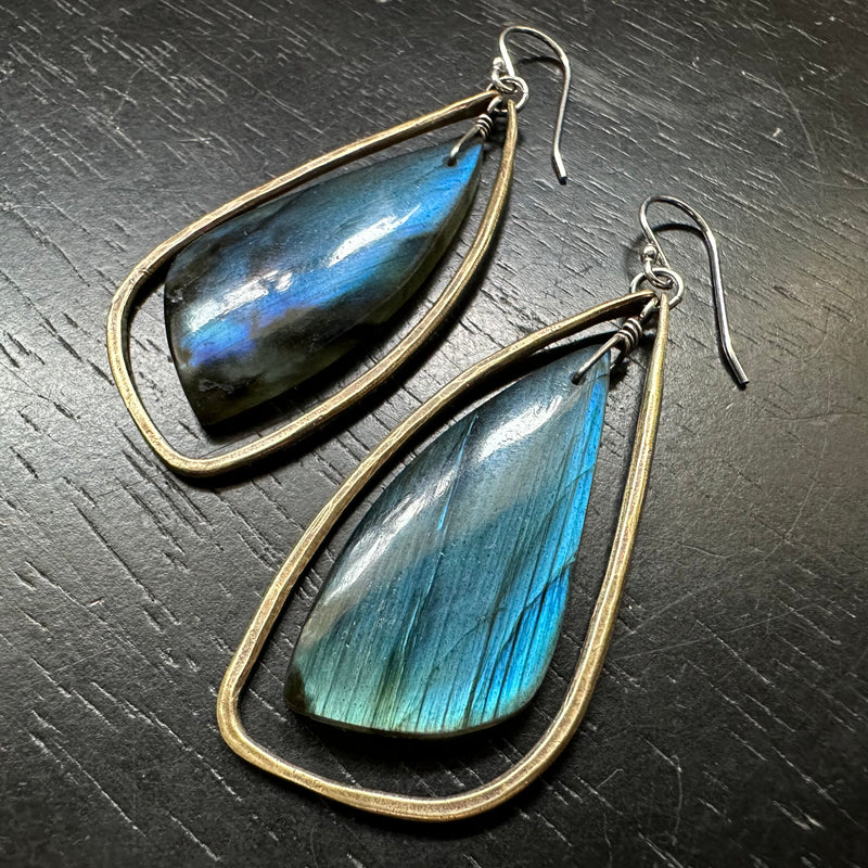 #2 SUPER BLUE Bookmatched Labradorites in Medium Brass Contoured "Wings"! OOAK#2