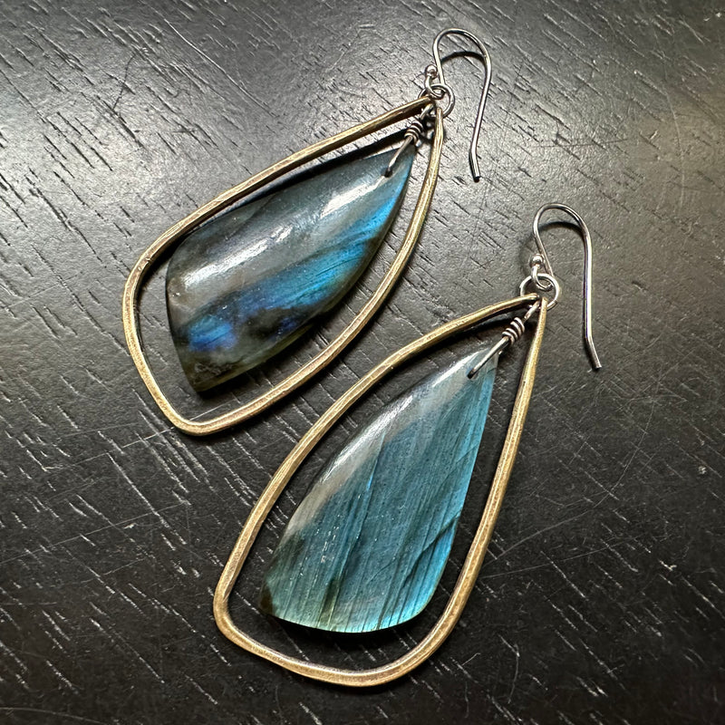 #2 SUPER BLUE Bookmatched Labradorites in Medium Brass Contoured "Wings"! OOAK#2