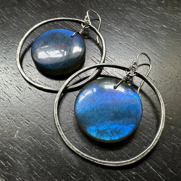 #1 SUPER BLUE Labradorite Discs in Medium Silver Hoops #1 OOAK