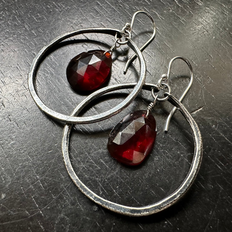 SMALL SILVER HOOPS with GARNETS (JANUARY BIRTHSTONE)!