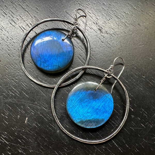 #1 SUPER BLUE Labradorite Discs in Medium Silver Hoops #1 OOAK