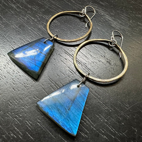 #3 SUPER BLUE Bookmatched Labradorite Trapezoidal dangles in Small Brass Hoops OOAK #3