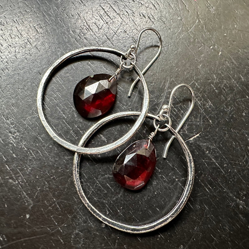 TINY SILVER HOOPS with GARNETS (JANUARY BIRTHSTONE)!
