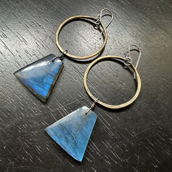 #3 SUPER BLUE Bookmatched Labradorite Trapezoidal dangles in Small Brass Hoops OOAK #3