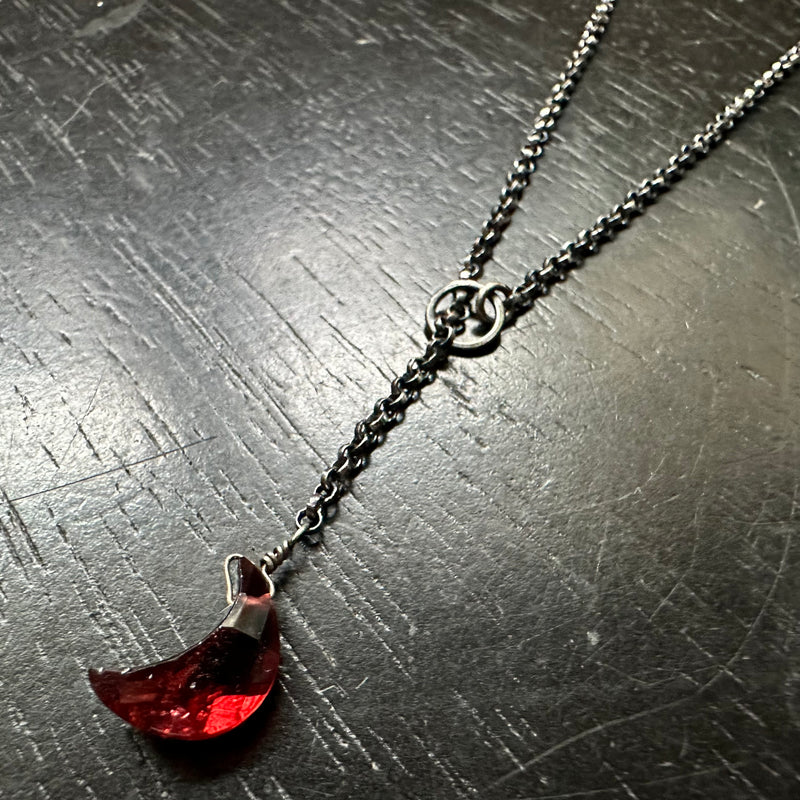 "LARIAT" GARNET CRESCENT MOON Necklaces (JANUARY BIRTHSTONE), Adjustable Sterling Silver chain