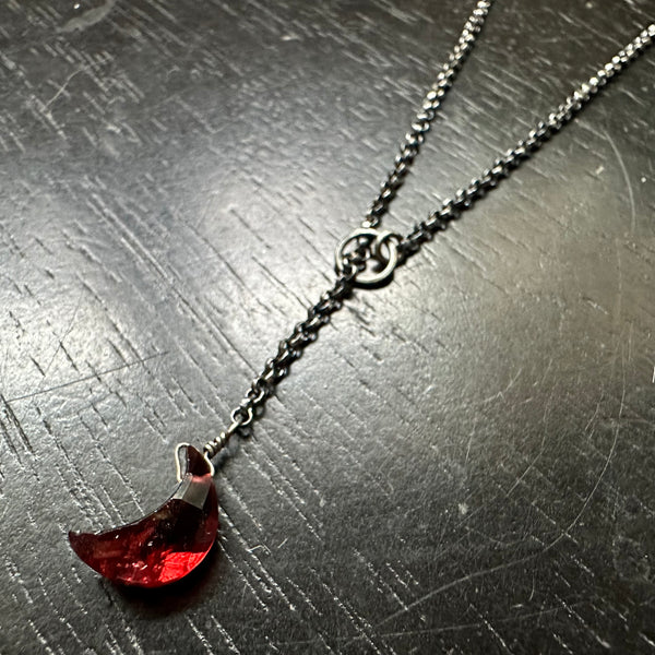 "LARIAT" GARNET CRESCENT MOON Necklaces (JANUARY BIRTHSTONE), Adjustable Sterling Silver chain