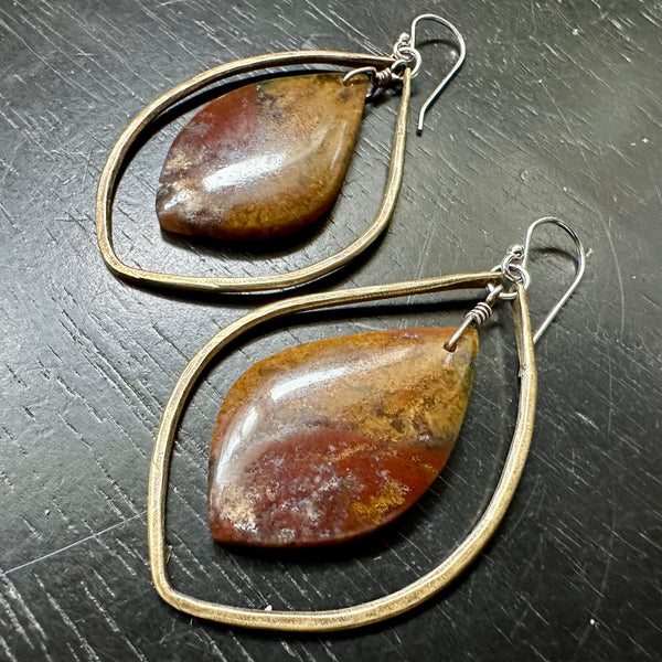 #4 Bookmatched HONEY DENDTRITE AGATES in Medium Brass Hoops OOAK #4