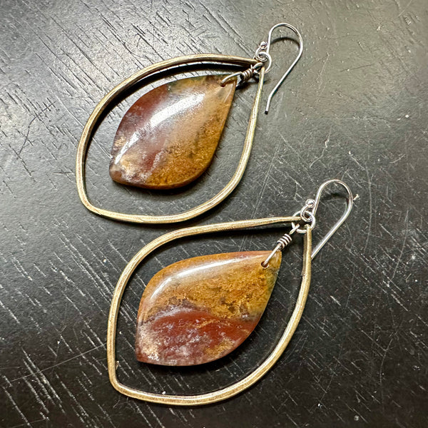 #4 Bookmatched HONEY DENDTRITE AGATES in Medium Brass Hoops OOAK #4