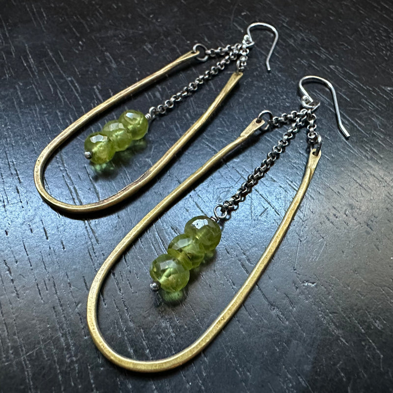 MEDIUM HESTIA EARRINGS: BRASS with LARGE PERIDOT Faceted Crystals (AUGUST BIRTHSTONE)