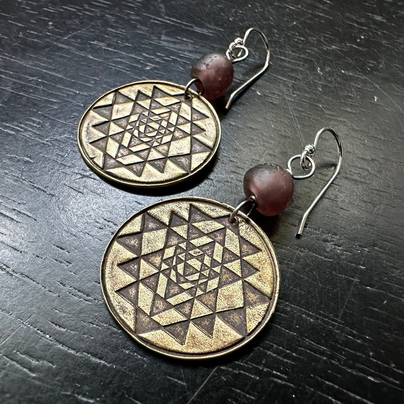 Sri Yantra Earrings - Brass WITH PLUM GLASS BEADS