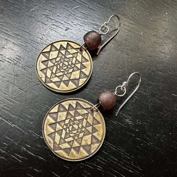 Sri Yantra Earrings - Brass WITH PLUM GLASS BEADS