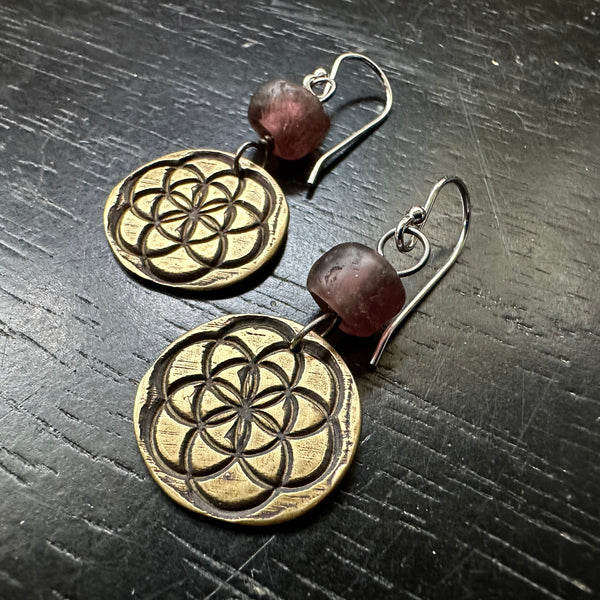 Seed of Life Earrings - Brass WITH PLUM GLASS BEADS