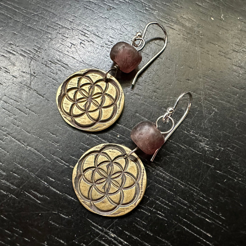 Seed of Life Earrings - Brass WITH PLUM GLASS BEADS