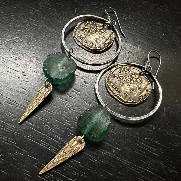 Silver Hoops with Athena's Owls, Roman Glass and Spears