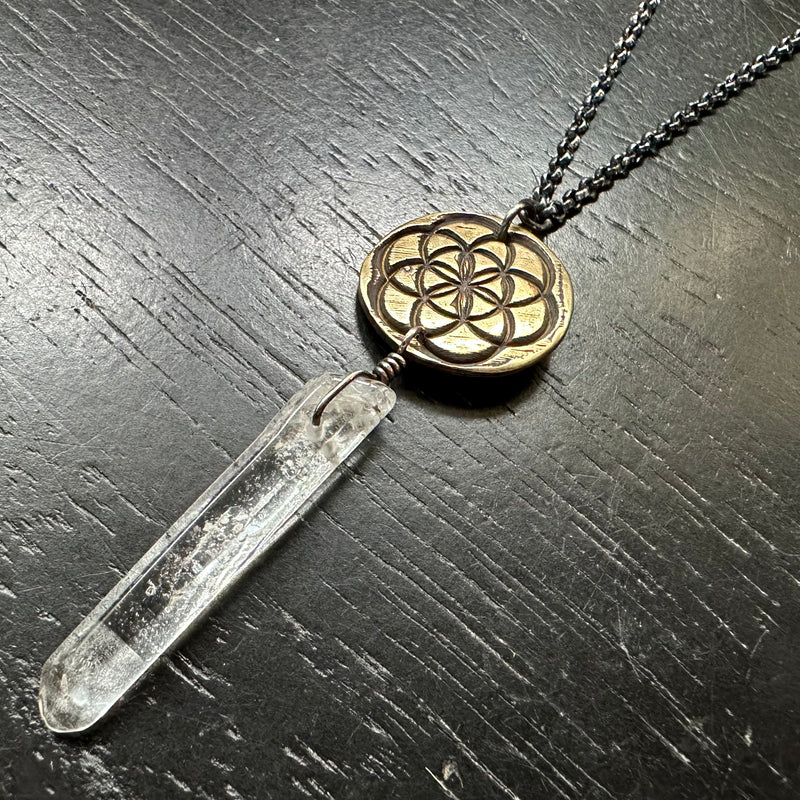 Seed of Life Pendant- Brass suspending Quartz Crystal OOAK!