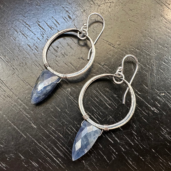 SAPPHIRE Faceted Spear Briolettes with Tiny Silver Hoops!