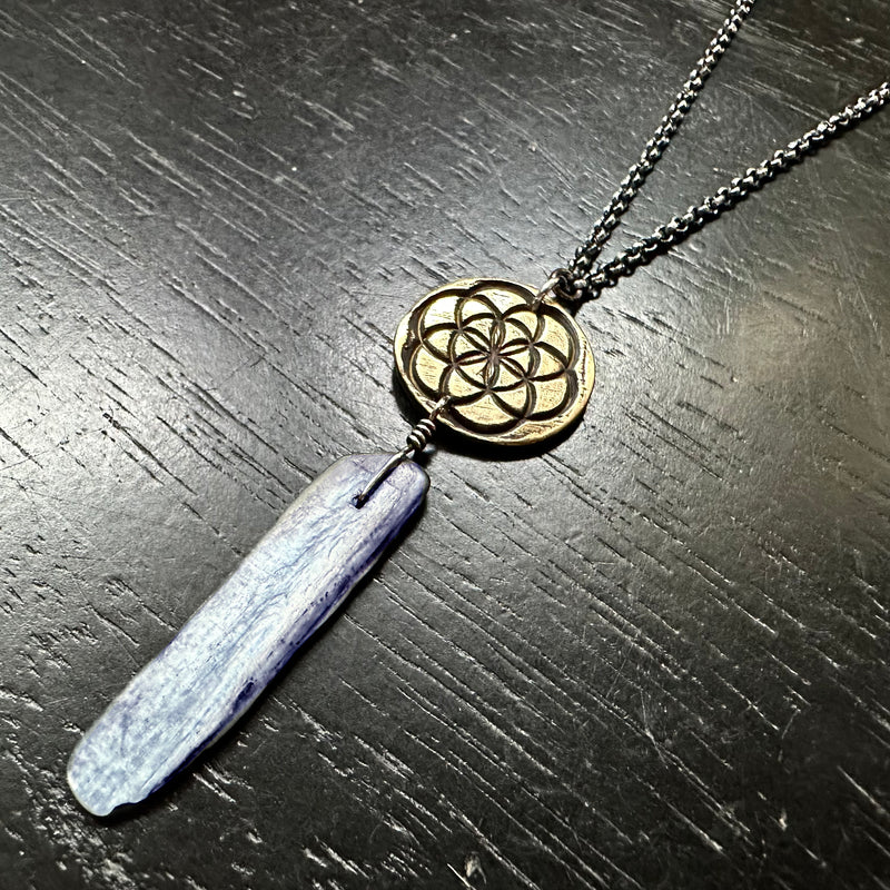 Seed of Life Pendant- Brass suspending Kyanite Crystal OOAK!