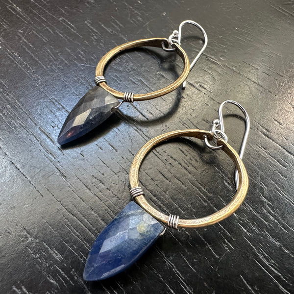 SAPPHIRE Faceted Spear Briolettes with Tiny Brass Hoops! September Birthstone!