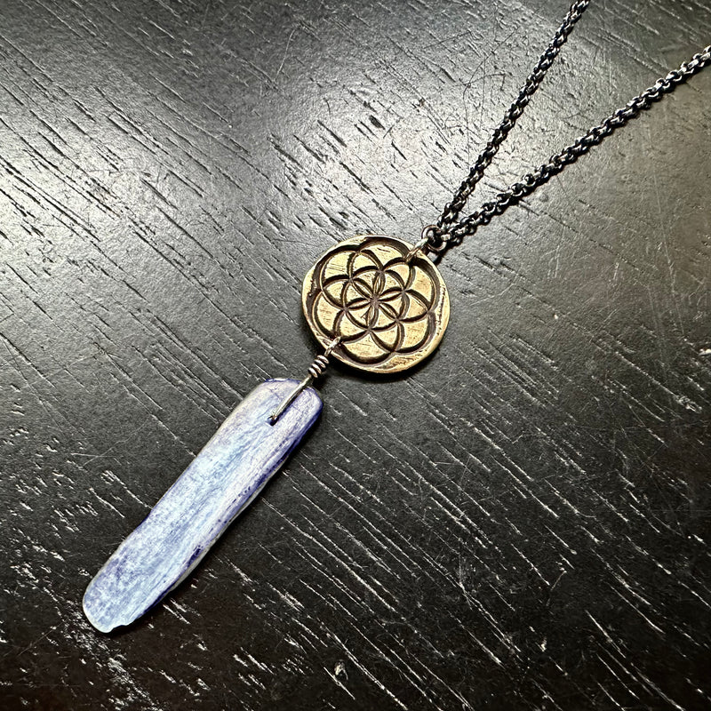 Seed of Life Pendant- Brass suspending Kyanite Crystal OOAK!