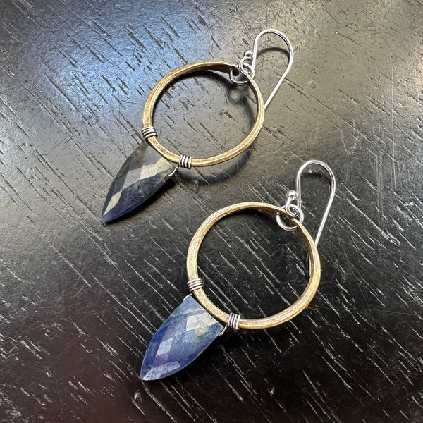 SAPPHIRE Faceted Spear Briolettes with Tiny Brass Hoops! September Birthstone!