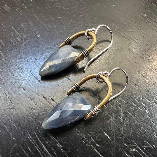 Tiny Brass Taliswoman Earrings with Faceted Sapphire Spear Briolettes