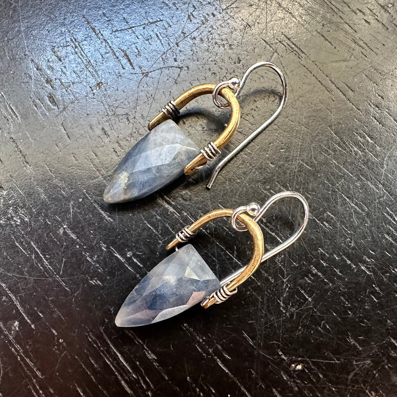 Tiny Brass Taliswoman Earrings with Faceted Sapphire Spear Briolettes