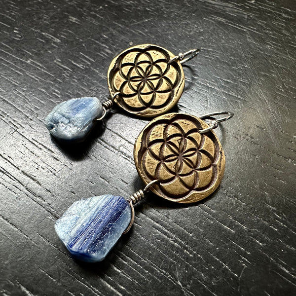 Seed of Life Earrings - Brass with Kyanites OOAK