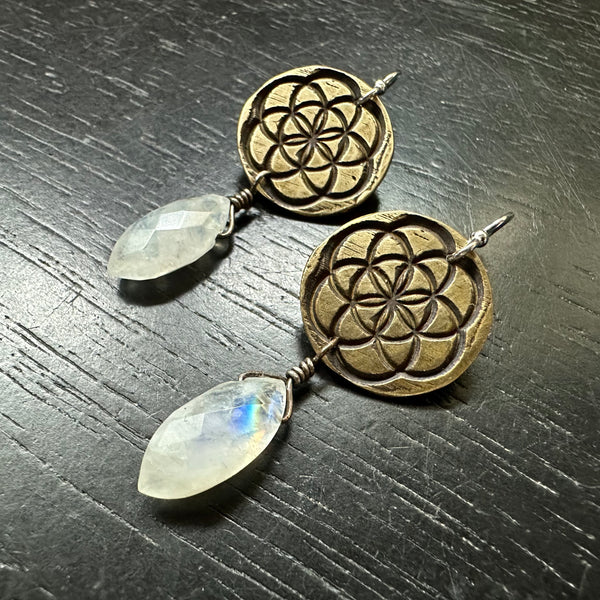 Seed of Life Earrings - Brass with Faceted Ellipsoid Moonstones