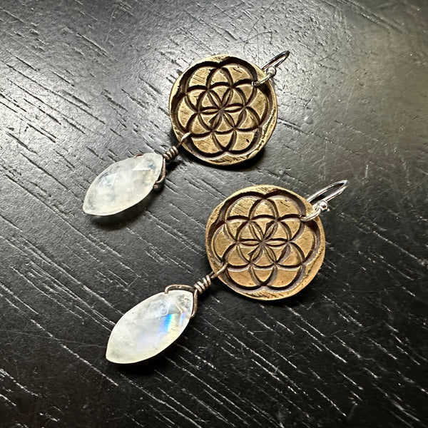 Seed of Life Earrings - Brass with Faceted Ellipsoid Moonstones