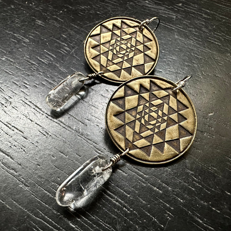 Sri Yantra Earrings- Brass WITH small smooth QUARTZ CRYSTALS