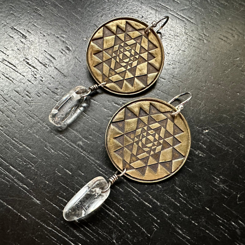 Sri Yantra Earrings- Brass WITH small smooth QUARTZ CRYSTALS