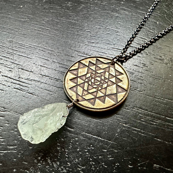 Sri Yantra Pendant - Brass suspending Aquamarine Crystal OOAK!