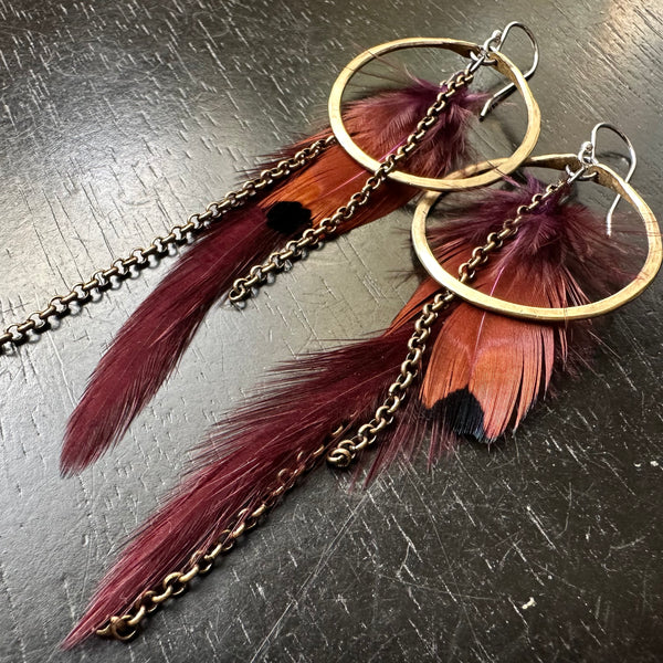FEATHER EARRINGS: #2 Small Brass Hoops, Burgundy base with burgundy and black accent feathers, Brass chains! OOAK#2