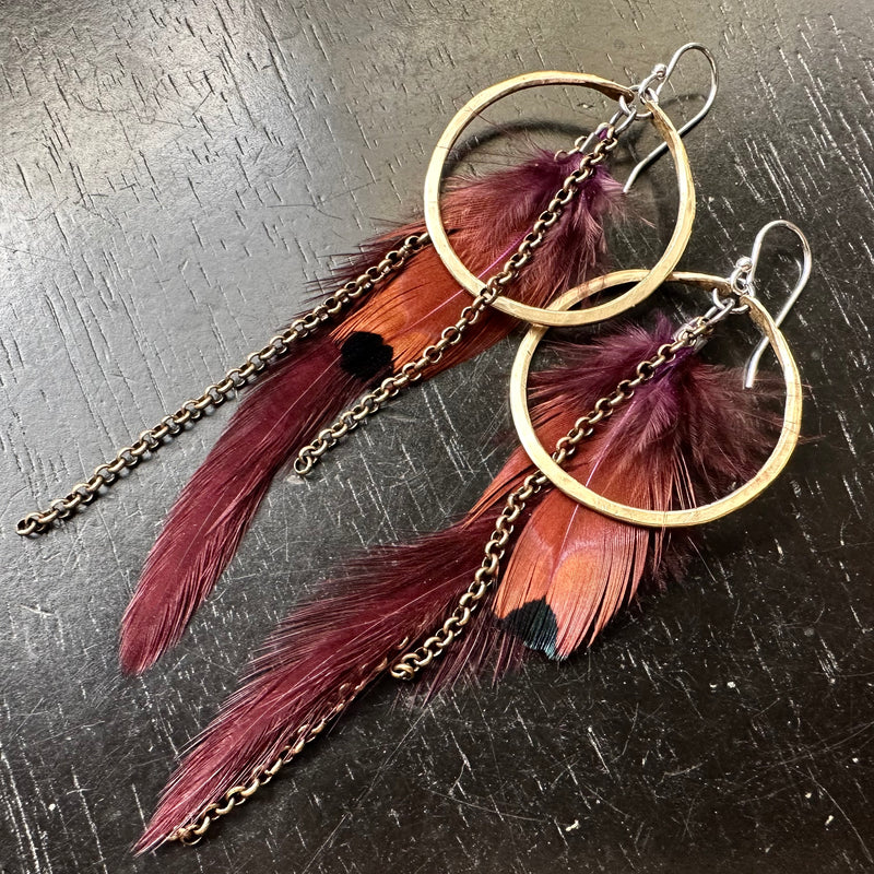 FEATHER EARRINGS: #2 Small Brass Hoops, Burgundy base with burgundy and black accent feathers, Brass chains! OOAK#2