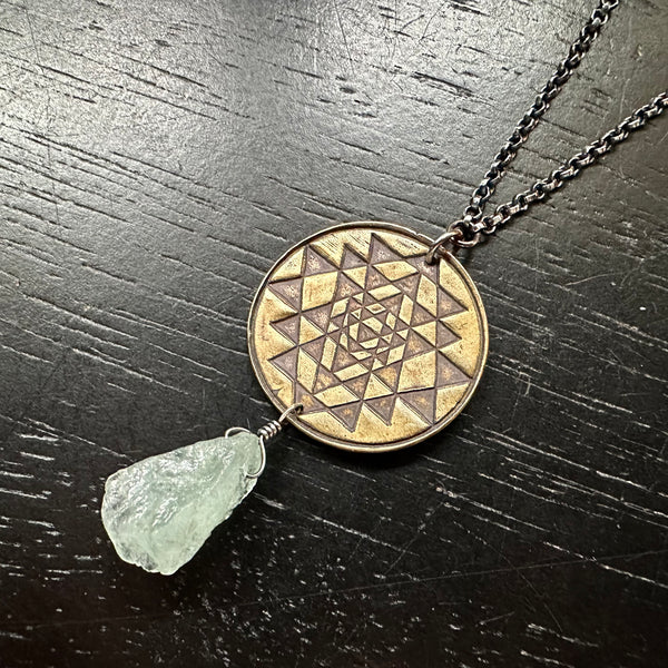 Sri Yantra Pendant - Brass suspending Aquamarine Crystal OOAK!