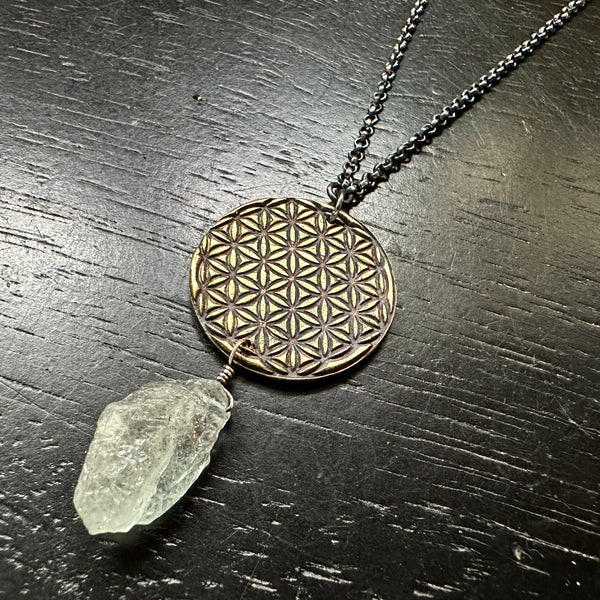 Flower of Life Pendant - Brass suspending Aquamarine Crystal OOAK!