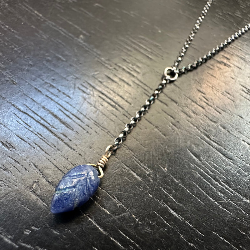 NEW! Beautiful SAPPHIRE CARVED LEAF/Sterling Silver Necklace! September Birthstone!