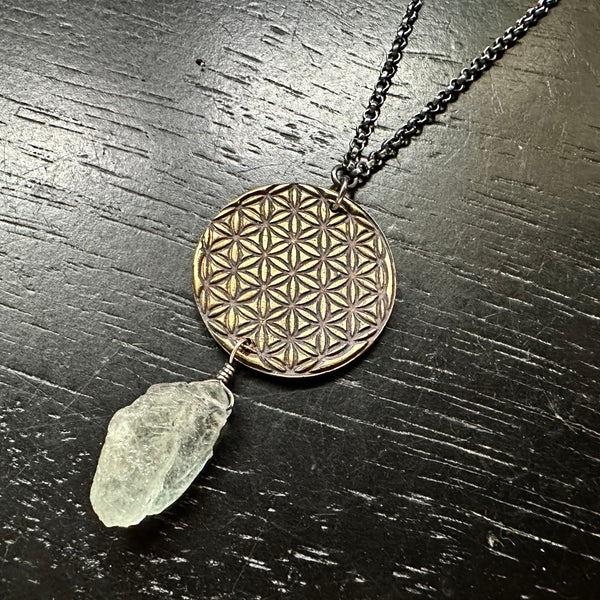 Flower of Life Pendant - Brass suspending Aquamarine Crystal OOAK!