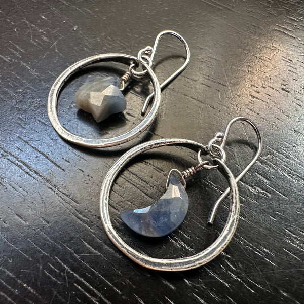 Tiny Silver Hoops with SAPPHIRE Moons + Stars! September Birthstone!