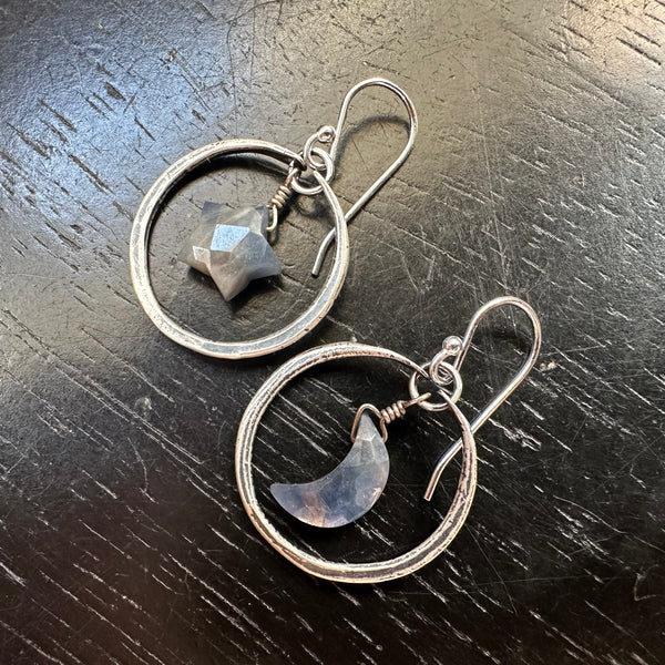 Tiny Silver Hoops with SAPPHIRE Moons + Stars! September Birthstone!