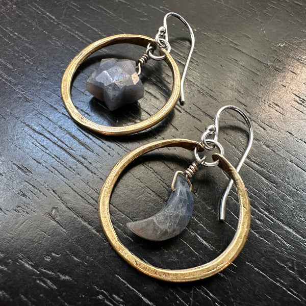 Tiny Brass Hoops with SAPPHIRE Moons + Stars! September Birthstones!