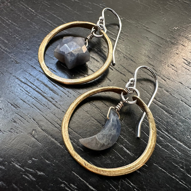 Tiny Brass Hoops with SAPPHIRE Moons + Stars! September Birthstones!