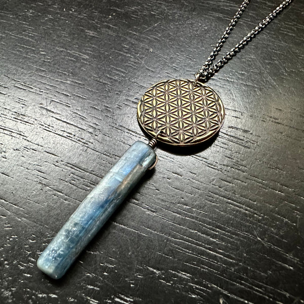 Flower of Life Pendant - Brass suspending Kyanite Crystal OOAK!